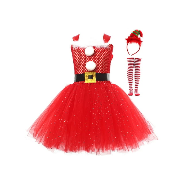 xiaxaixu Costume de Noël pour Fille, Robe Sans Manches en Tulle Patchwork + Longue Bas + Bandeau/chapeau Cosplay