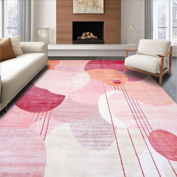 ODIKA 4'x6' Machine Washable Non-Slip Area Rug, Modern Petal Mosaic with Overlapping Rounded Shapes and Subtle Ombre Layers High Traffic Rug, Coral, 140978