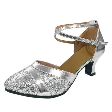 Sandals for Womens Latin Rubber Sandals for Women Dance Shoes Rhinestone Heeled Womens Flat Sandals Ballroom Salsa Tango Party Women s Sandals Size 8 Sequin Dance Shoes