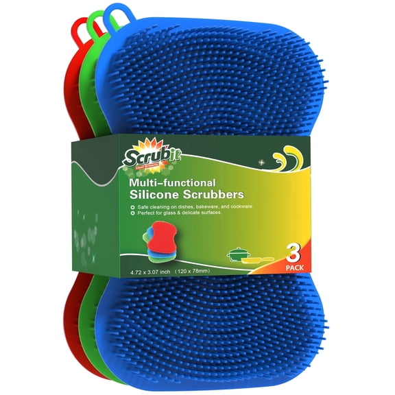 Silicone Scrubbing Pad Sponges by SCRUBIT - Real Silicon Non Scratch Kitchen Scrubber - Non Smell Cleaning Sponges for Kitchen Dishes - Reusable Soft Dish Sponge - Blue Red Green Pads (3 Pack)
