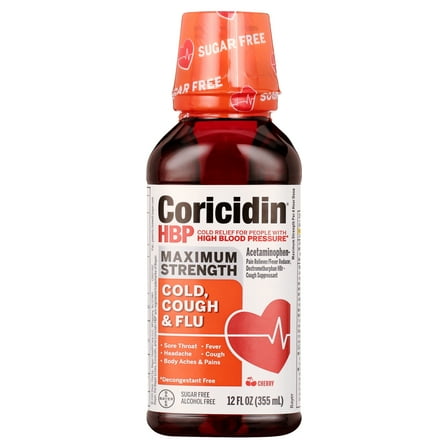 Coricidin HBP Cold, Cough & Flu Medicine, Sugar Free Day Liquid, Cherry, 12 fl oz