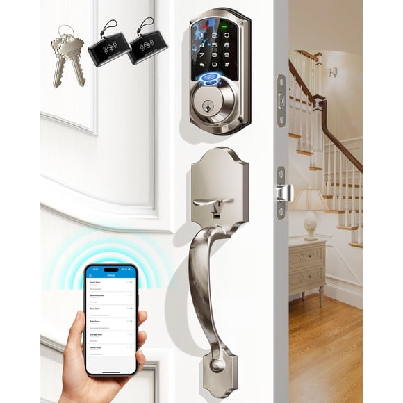 Veise Cerraduras inteligentes con huella digital para puerta delantera con juego de manijas, control de aplicaciones, cerrojo con teclado de entrada sin llave, pantalla táctil electrónica digital, fác