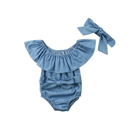 

Licupiee Infant Baby Girls One Piece Short Sleeve Ripped Demin Jeans Ruffle Romper Sunsuit Outfits Jumpsuit