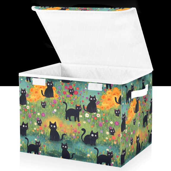 Yayeee Collapsible Cube Storage Bin with Lid Fabric Closet Decorative Basket with Handles, Floral Black Cats Pattern