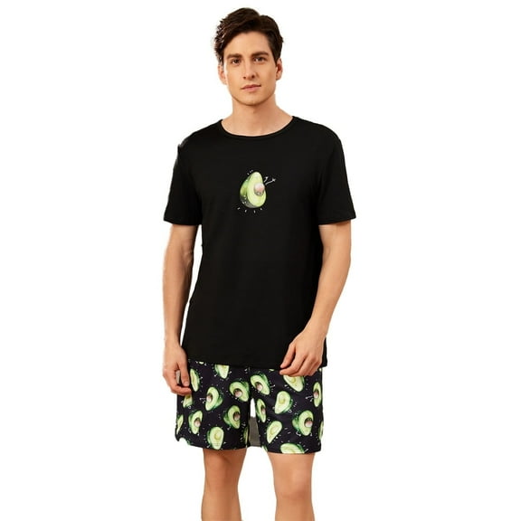Men's fruit-print pajama set, including short-sleeved shirts and shorts, is suitable for comfortable daily wear at home.