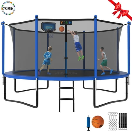 YORIN Trampoline 12FT for Kids Adults with Enclosure Net, 1200LBS Round Outdoor Trampoline with Basketball Hoop, Ladder, ASTM Approved Galvanized Anti-Rust Coating Backyard Recreational Trampoline