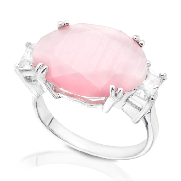 Trendy Pink Moonstone Statement Ring with CZ Accents - Size 10 Jewelry Ring Silver