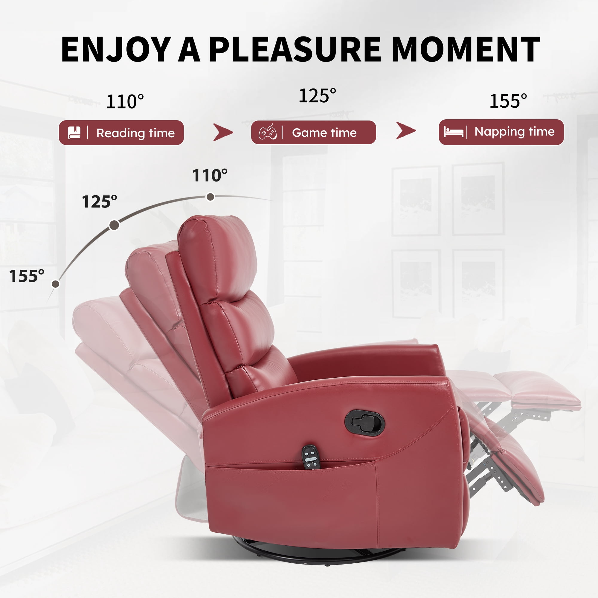 Leumius Swivel Recliner Chair,360° Glider Rocking Chair with Massage and Heating,PU Leather Small Manual Recliner for Nursery Home Theater,Red PU
