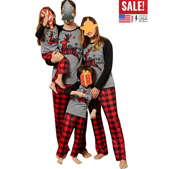 Matching Family Christmas Pajamas Set Elk Plaid Print Top and Pants Christmas Pjs Festival Holiday Xmas Sleepwear Set