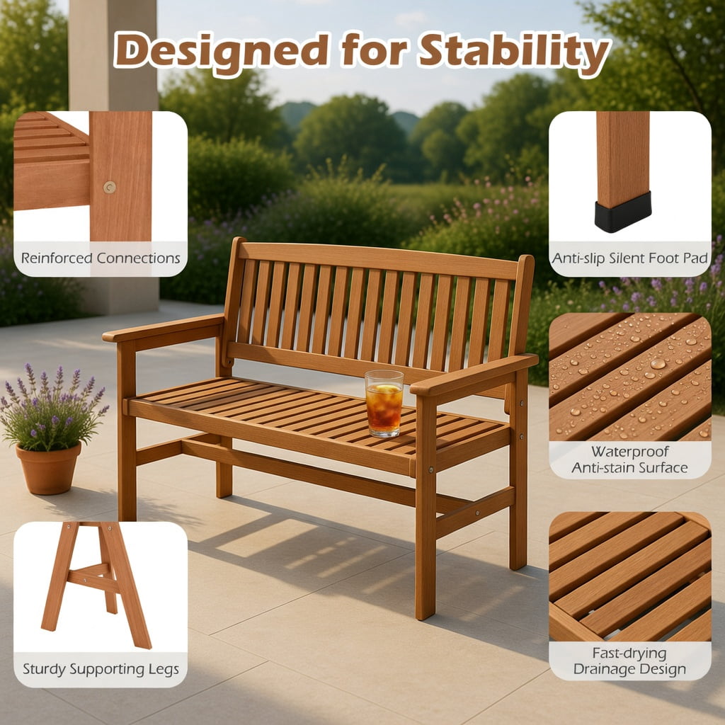 Hommoo 2-Person Solid Wood Patio Loveseat with Slatted Backrest, Ergonomic Curved Seat & Supportive Armrests for Porch, Backyard & Outdoor Living, Natural