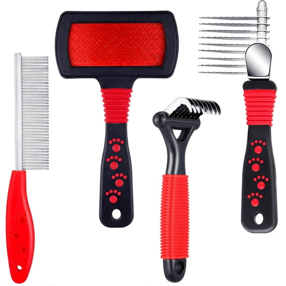 Dog & Cat Dematting Comb Kit 4-Piece, Professional Slicker Brush and Steel Combs for Removing Tangles & Undercoat - for All Coats