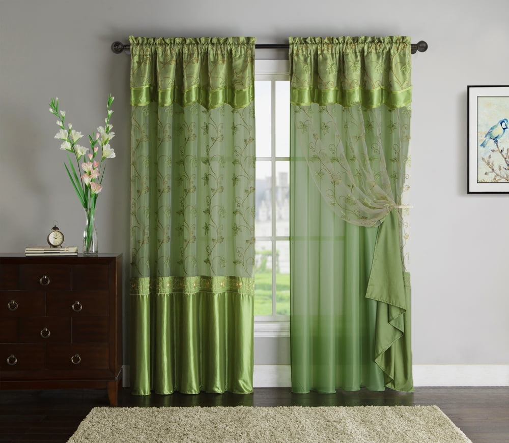 Green Window Curtain Drapery Panel DoubleLayer, Solid Color Back with