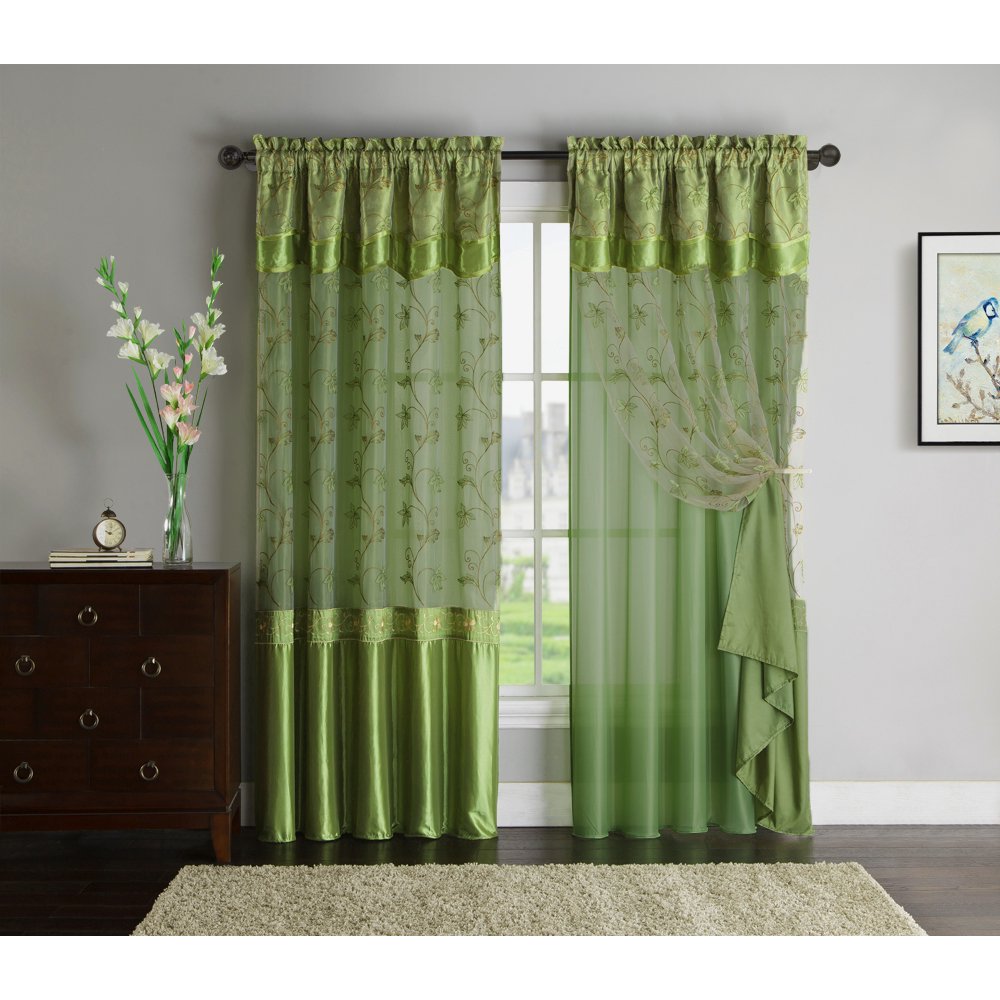 Green Window Curtain Drapery Panel DoubleLayer, Solid Color Back with