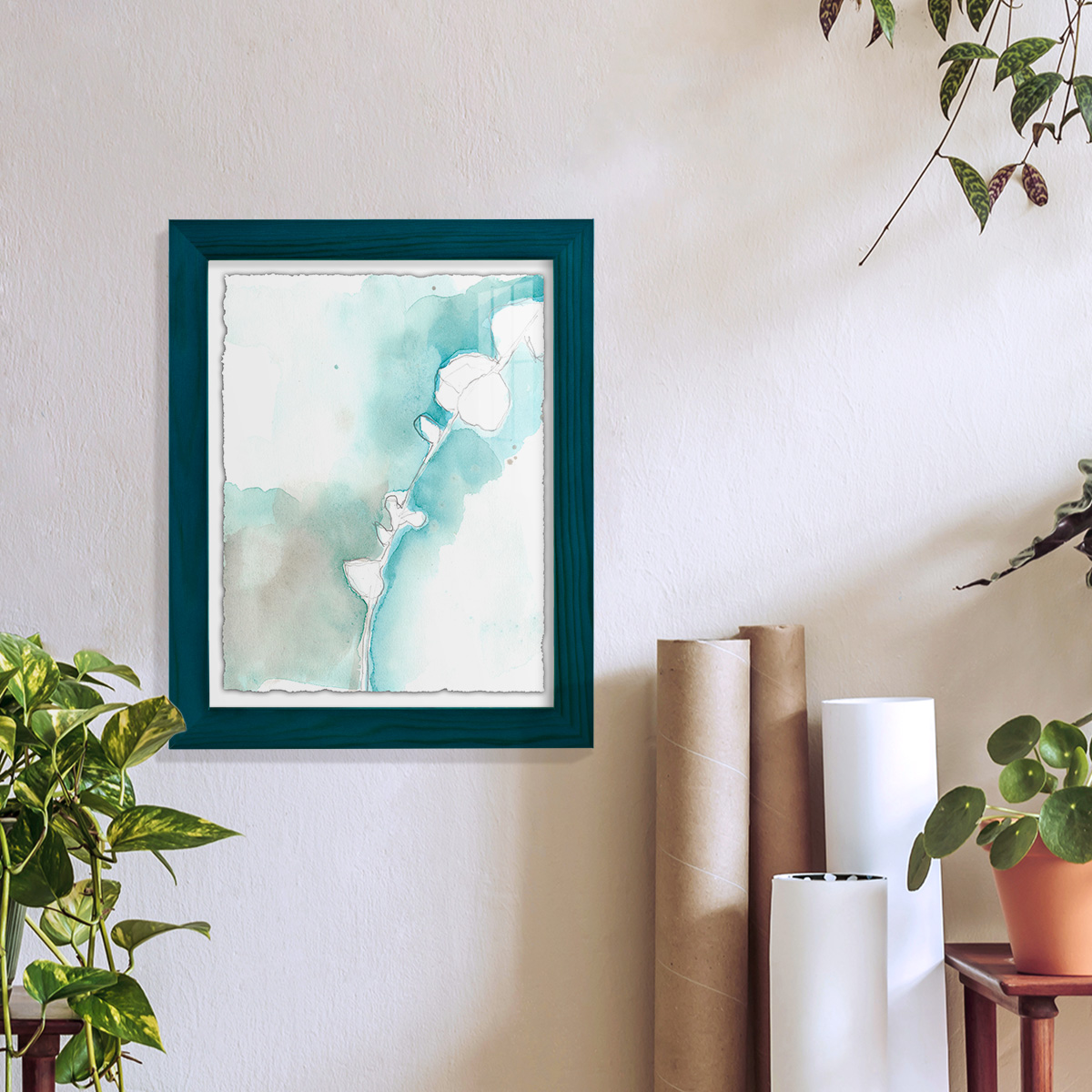 Ginkgo on Dusty Teal VII - Framed Print w/glass - Ocean Blue