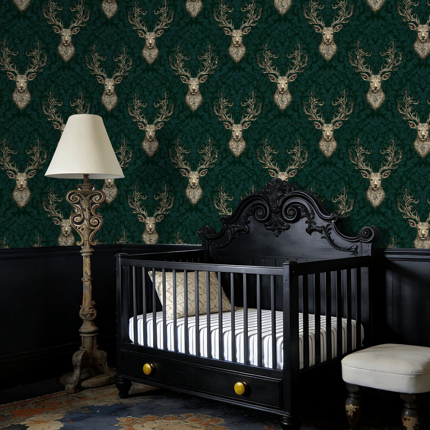 Peel and Stick Wallpaper Baroque Vintage Stag Head Damask Elegant Gold Green Wall Mural 17.7in x 9.8ft Self Adhesive Removable Wall Paper Renter Friendly Wallpaper for Nursery Bedroom Cabinets