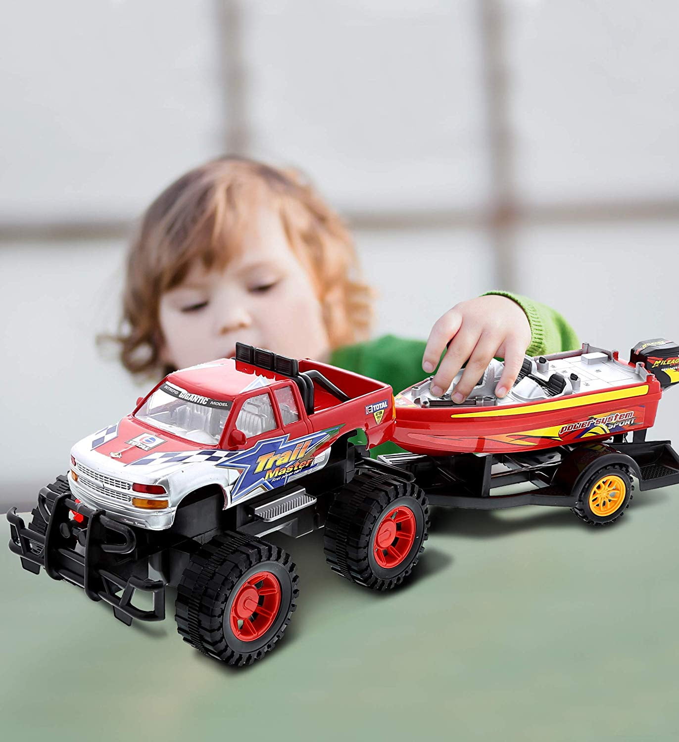 Mozlly Monster Truck Toys Set with Trailer Toy Boat - Friction Powered Hauling Truck and Trailer Toy, Big Toy Monster Truck with Boat, Adventure Truck Pulling Boat Toy Monster Trucks for Kids - 9 Inch