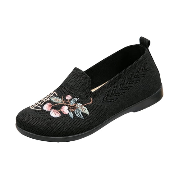 IEMIEMIEM Womens Orthopedic Shoes Arch Support Flower Embroidered Tennis Shoes Wide Width Non Slip Slip on House Shoes Knitted Mesh Stretch Soft 2026 New Orthopedic Shoes Black 7 Wide