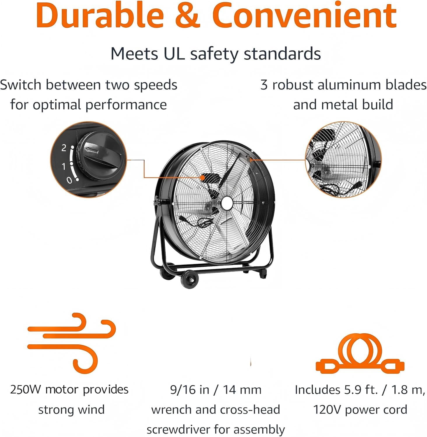 Drum Fan 24 Inch Heavy Duty Industrial Fan, High Velocity Shop Fan and Floor Fan with Aluminum Blades and Copper Motor for Warehouse Workshop Garage, Black
