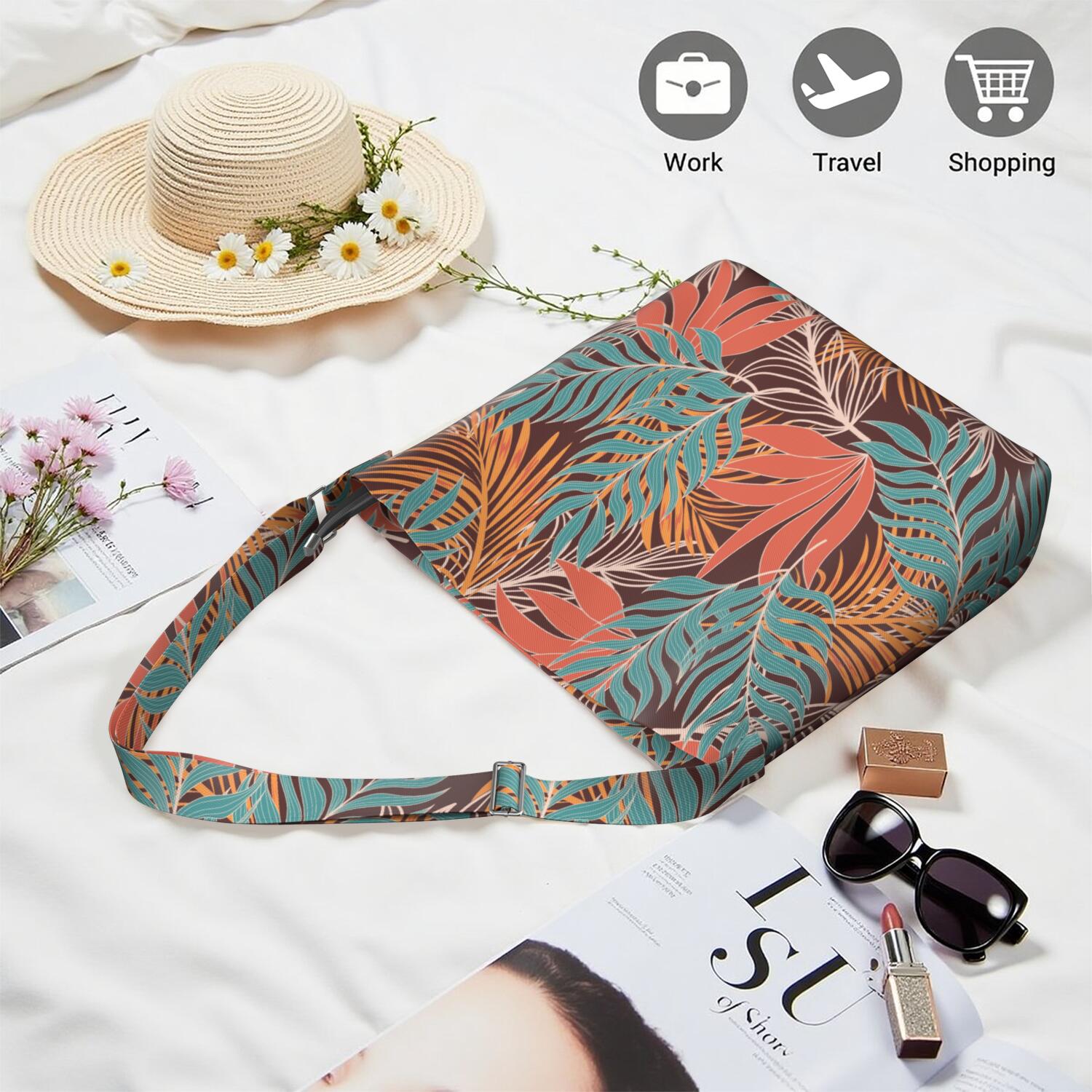 Tropical Palm Leaf Shoulder Bag for Women - Large Capacity Minimalist Travel Purse with Adjustable Strap & Multi-Pocket Design