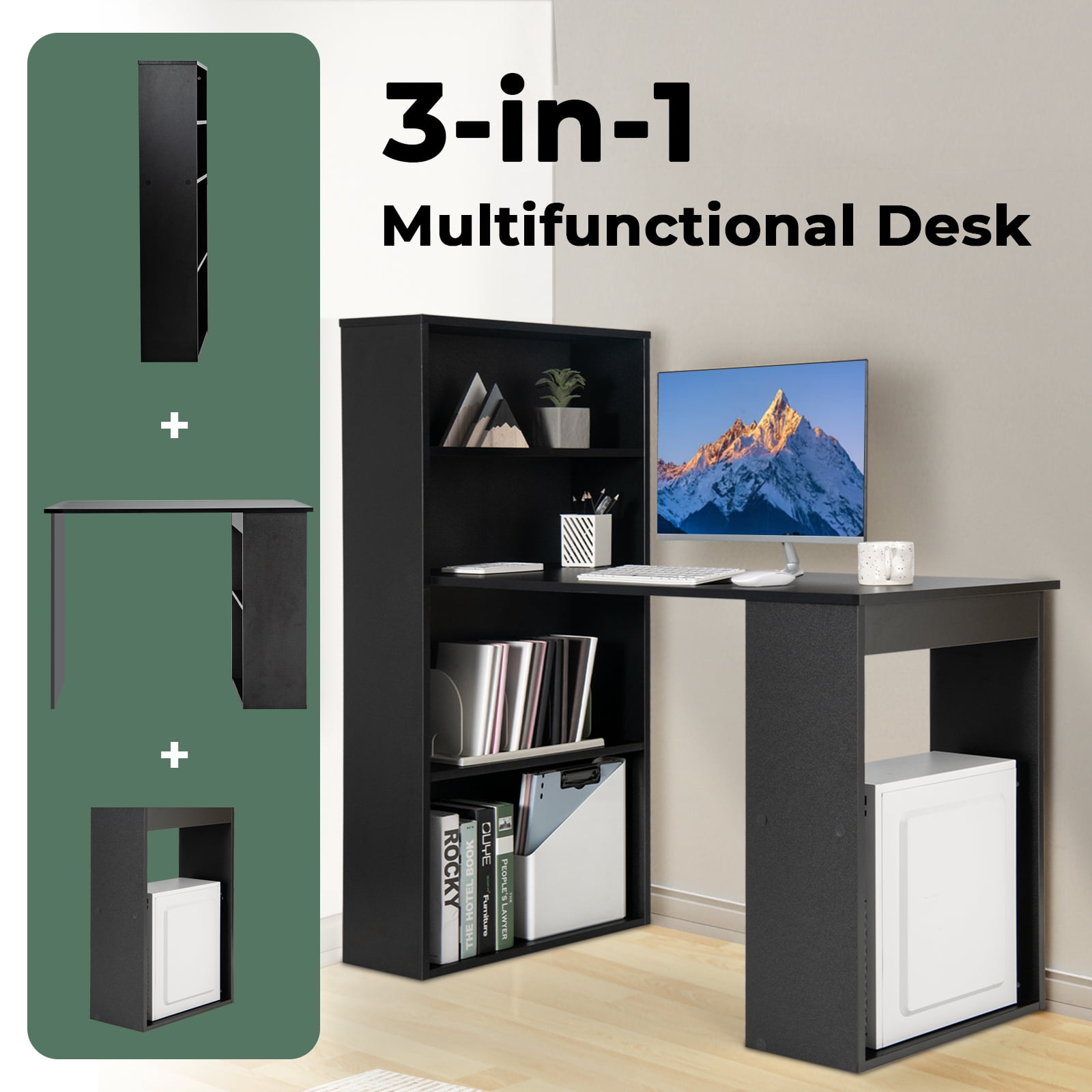 Topbuy 48 Inch Computer Desk with Bookshelf 3-in-1 Home office Desk with 4-Tier Bookcase & CPU Stand Space-saving Reversible Writing Desk Black