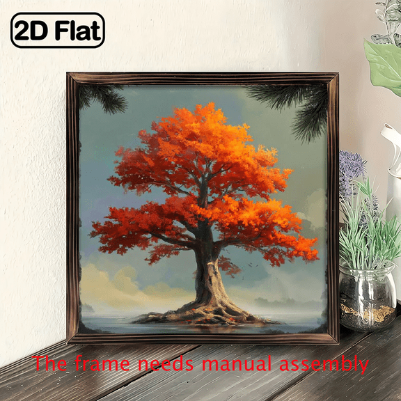 2D Flat 1pc Rustic Wooden Frame, 8X8 Inch, Autumn Tree on Sea Wall Art, Framed Wood Material, 2D Flat Painting, Perfect for Bedroom Living Room Home Kitchen Decor, Indoor Holiday Decoration, Autumn