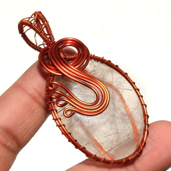 Golden Rutile Wire Wrapped Handcrafted Copper Jewelry Pendant 2.50" SA 1381