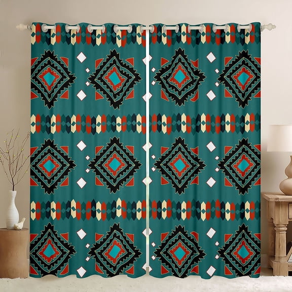 Manfei Southwest Tribal Diamond Kitchen Curtains, Geometric Black Out Curtains Pack of 2 (42x63 Each), Teal Red Black