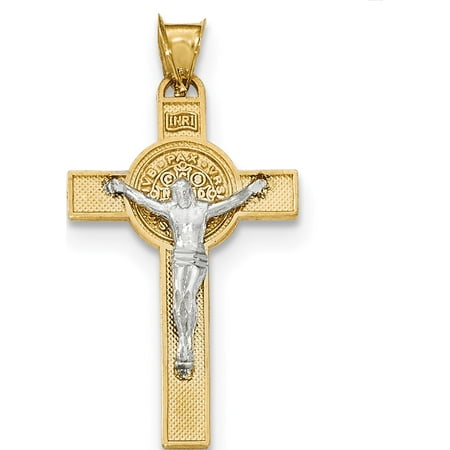 - Leslies Fine Jewelry Designer 14k White Gold Two-Tone St. Benedict Medal Crucifix Cross Pendant Gift