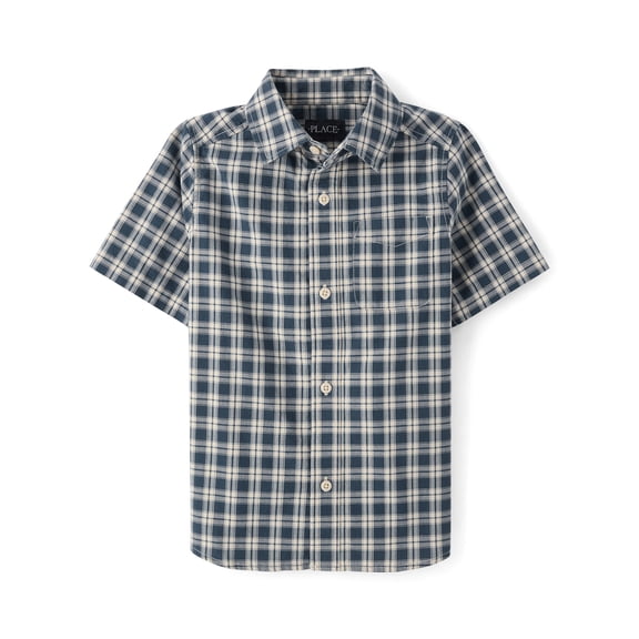 The Children's Place Boys Short Sleeve Plaid Poplin Button Up Shirt, Sizes XS-XXL