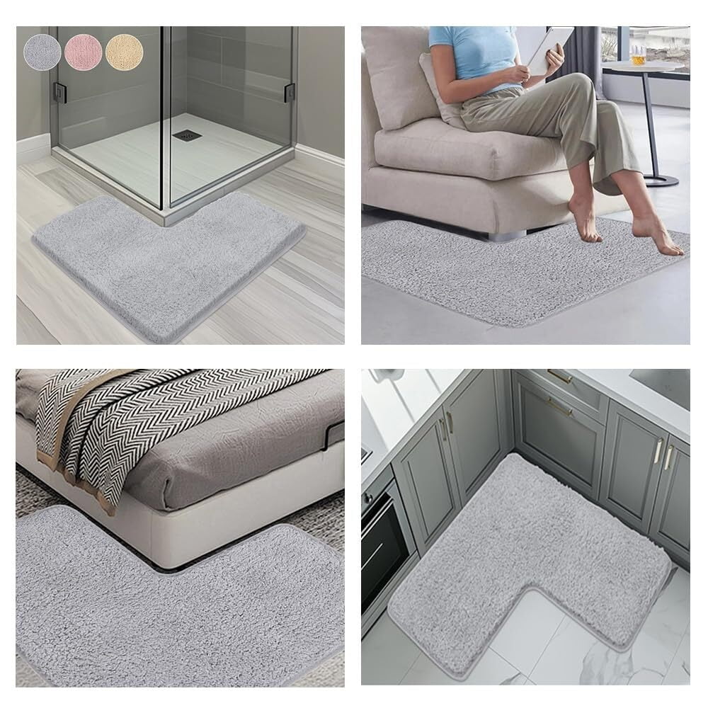 L-Shaped Bath Mat, Corner Bath Mat, Washable Carpet,Water Absorbent Soft Bath Rug, Non-Slip Floor Mats for Bathroom Bedroom Kitchen Living Room