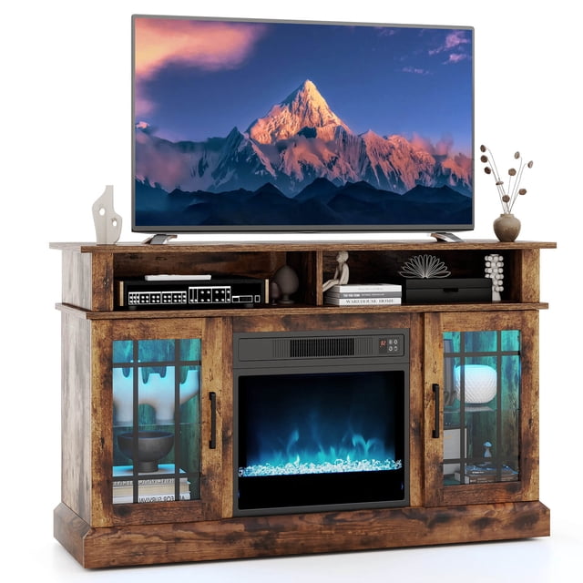 Costway TV Stand with Electric Fireplace LED Lights Remote Controls Storage Cabinets for TVs Up to 55 Inches Brown