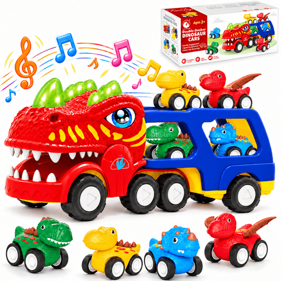 ICREOPRO Dinosaur Truck Toys for Kids 3 , Transport Truck Toy Set with Detachable Double-Deck Trailer, 4 Pull-Back Dinosaur Toy Cars, Lights & Sounds