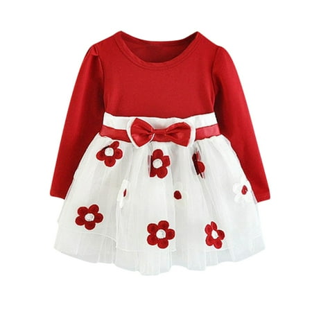 

Little Girls Dresses Toddler Kids Baby Long Sleeve Tulle Patchwork Flower Bow Dresses Clothes