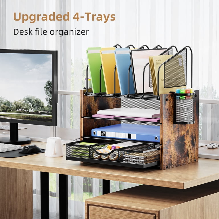 Marbrasse 4-Tier Mesh Desk Organizer, Brown Wood photo 6