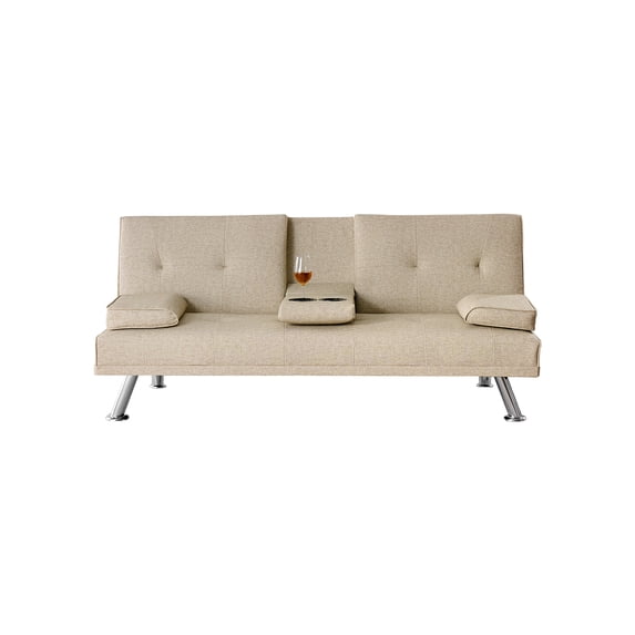 Modern Faux Leather Convertible Sleeper Sofa Bed, Folding Loveseat Futon Couch with Cup Holders for Living Room Bedroom