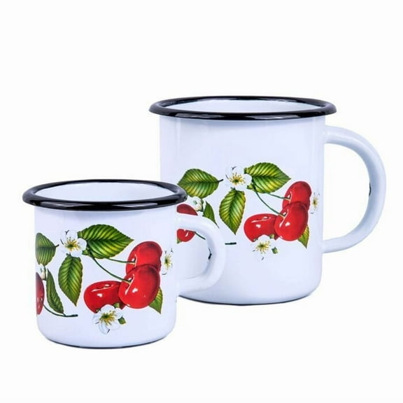STP GOODS Cherry Berry Enamel Mug Set of 2 Pcs 13.5 fl oz and 33.8 fl oz Enameled Steel Mug Set Enamel Camper Coffee Mug Travel Mugs Metal Mugs for Indoor and Outdoor Use
