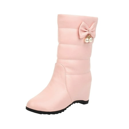

NECHOLOGY Womens Slip on Winter Boots Mid Calf Ladies Fashion Solid Color Bow Pearl Women Wide Calf Boots with Heel Pink 8