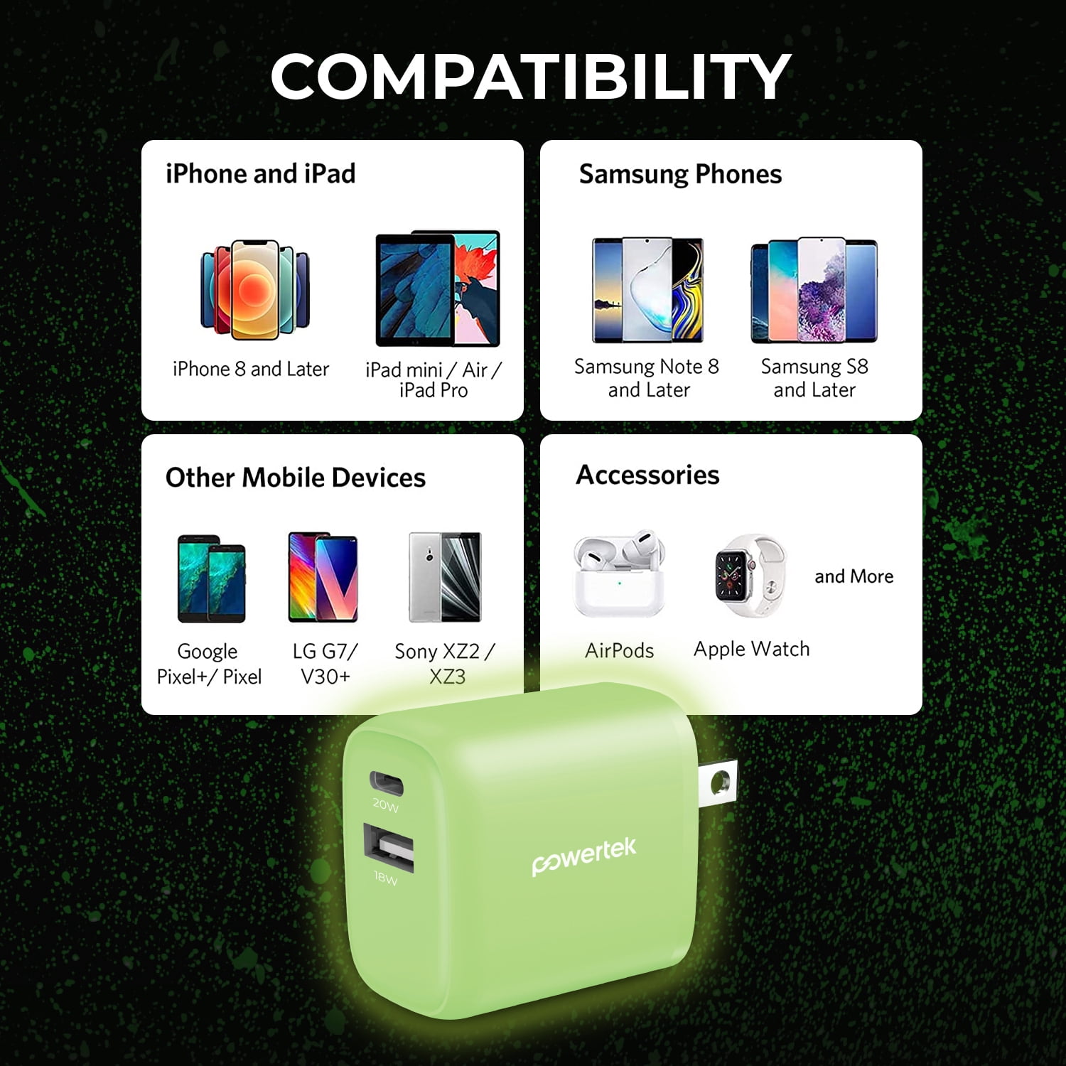 Liquipel Powertek Glow in the Dark 20W Combo Wall Charger - Green