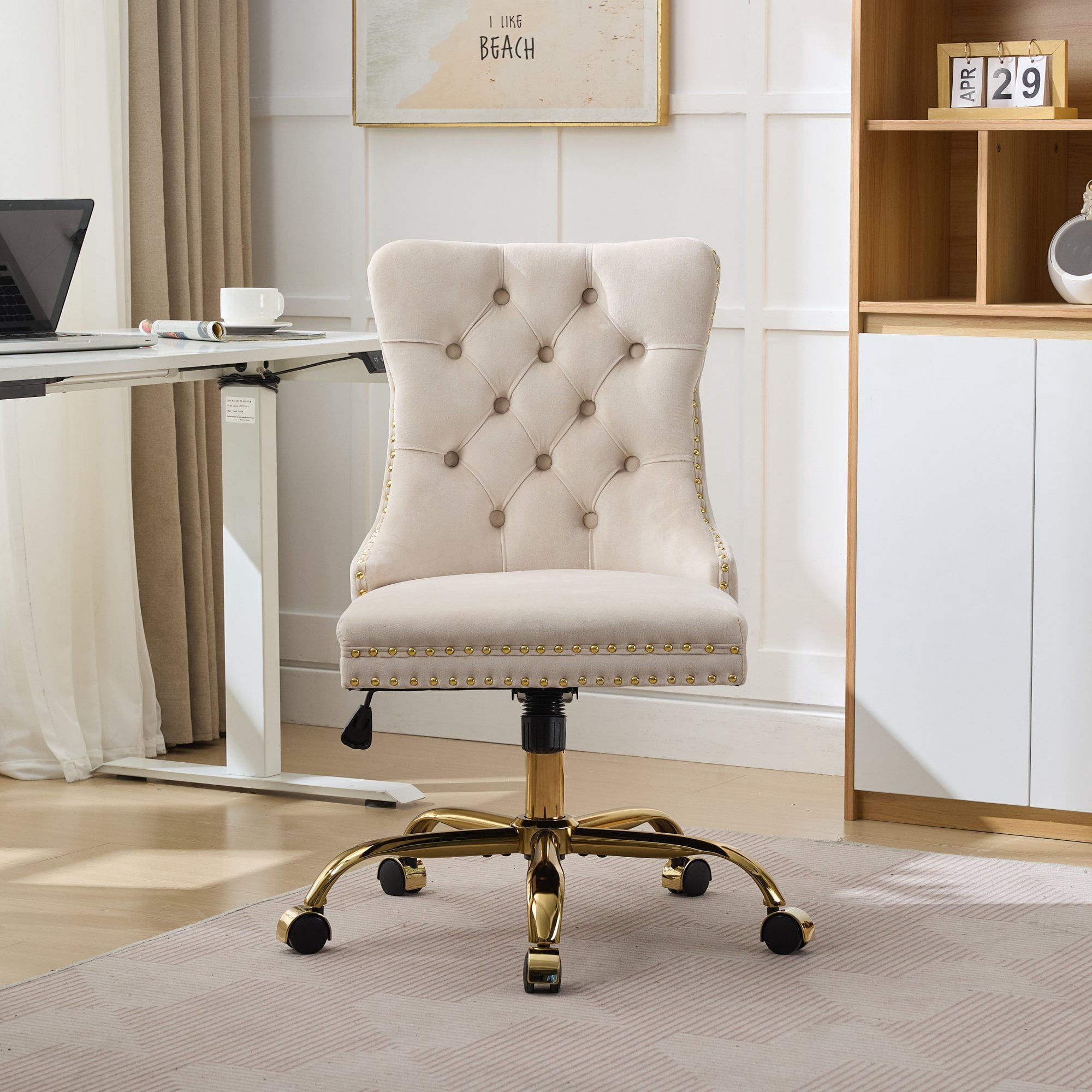 Jopath Velvet Home Office Desk Chair with Wheels & Gold Base, Makeup Vanity Chair with Tufted Back, Adjustable Desk Chair Swivel Office Chair for Bedroom, Beige