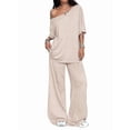 thumbnail image 2 of Women'S 2 Piece Travel Outfits Casual Short Sleeve Knit Sweater Set Wide Leg Pants Lounge Sets Oat Color XL, 2 of 8