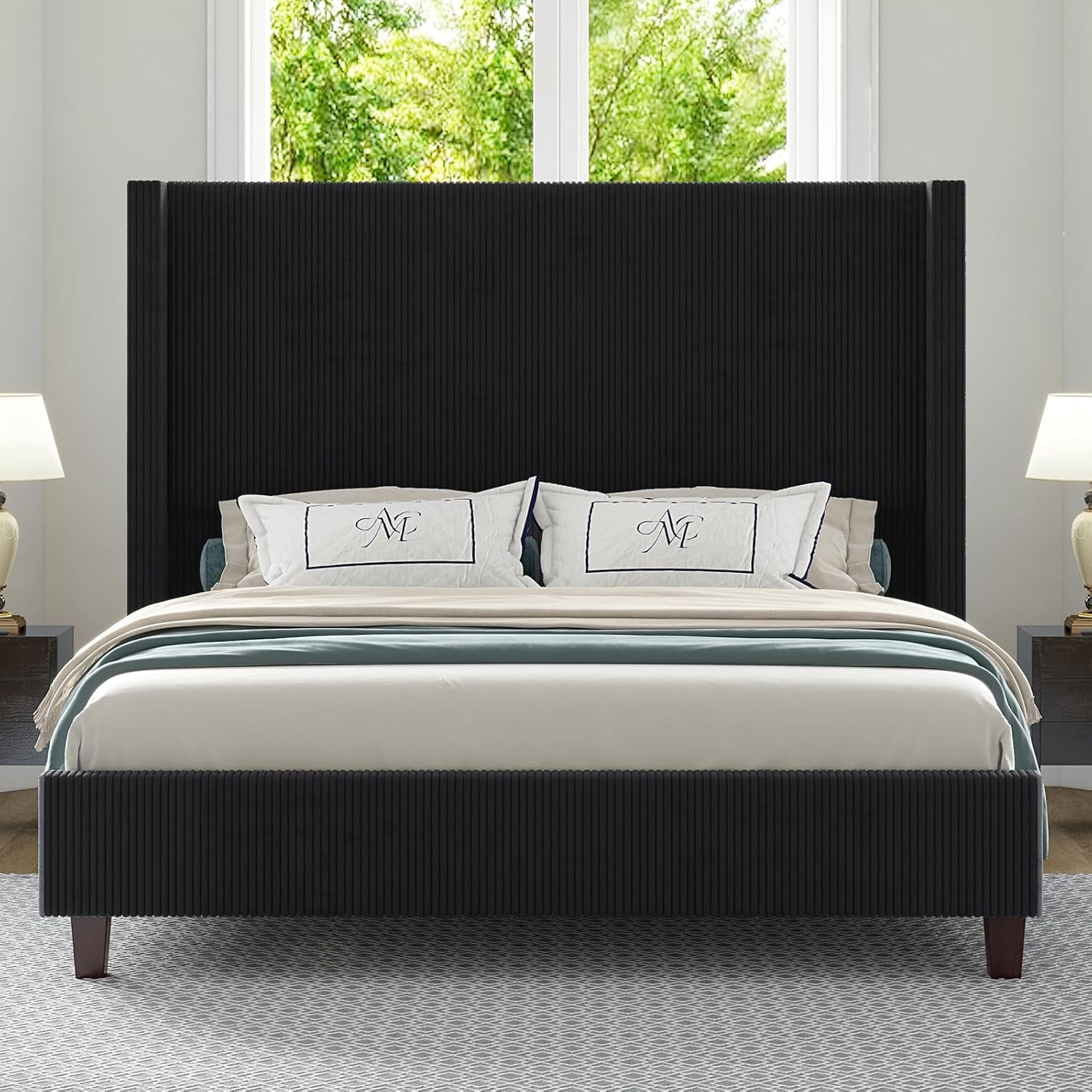 Amerlife King Size Bed Frame, 61" Corduroy Upholstered Platform Bed with Vertical Stripe Wingback Headboard, Solid Wood Slats, Noise-Free, Black