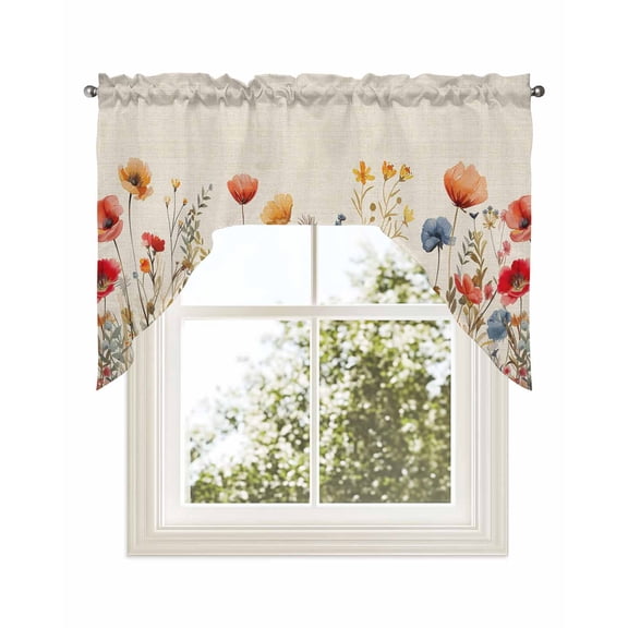 Pink Orange Teal Spring Floral Kitchen Curtains Swag Valance for Windows/Bathroom/Cafe, Watercolor Botanical Summer Flowers Rod Pocket Drape Panel Swag Curtains for Bedroom/Living Room 56"x36"