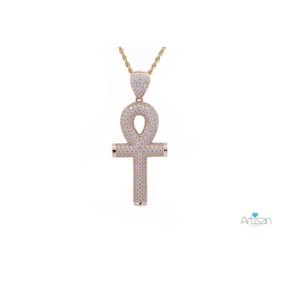 Large Ankh Cross CZ Pendant with Necklace in 14k Yellow Gold