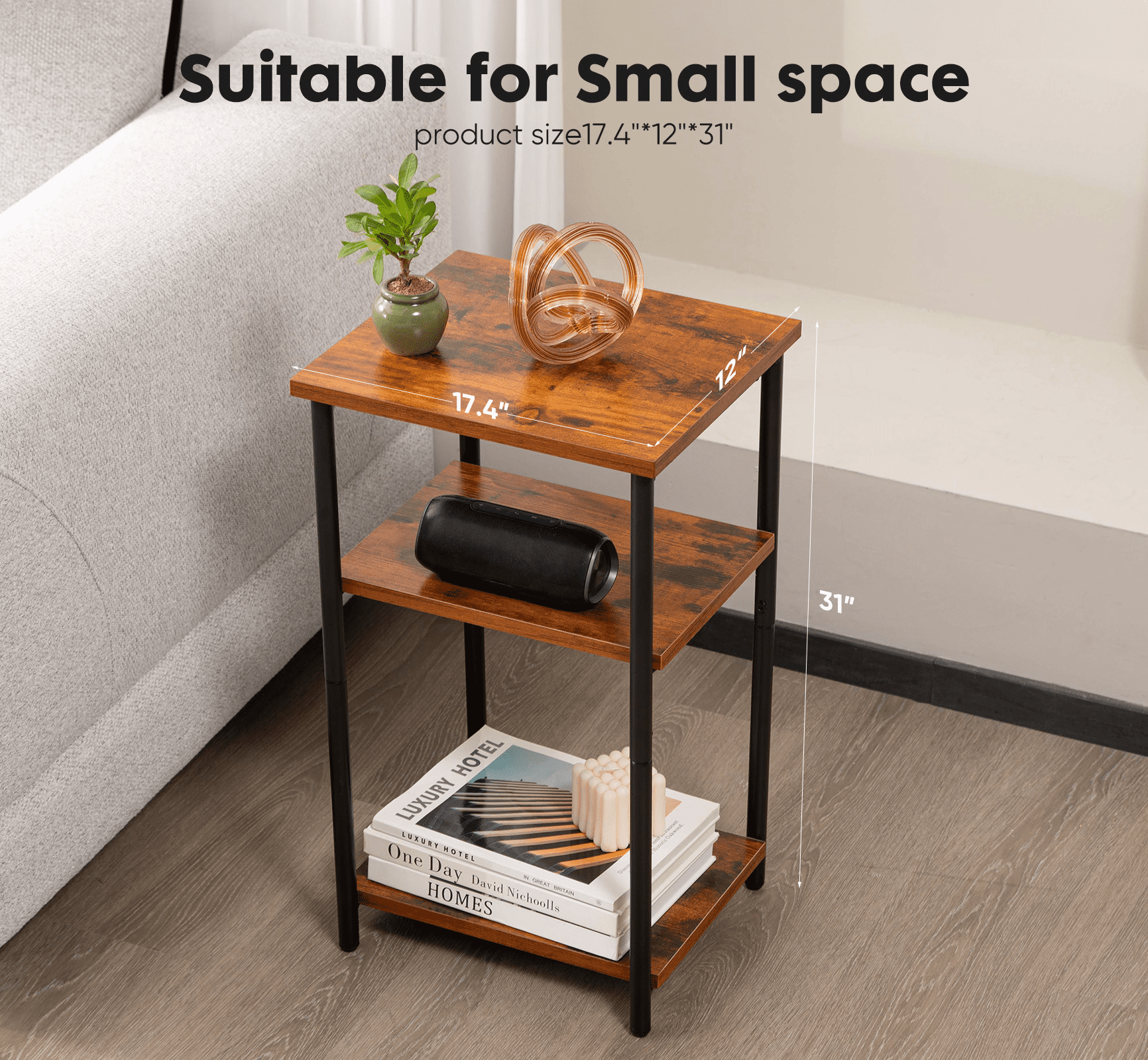 MAYEERTY 3-Layer Coffee Table - Adjustable Height, Small Bedside Table with Storage Shelf, Space-Saving for Bedroom/Living Room/Office.