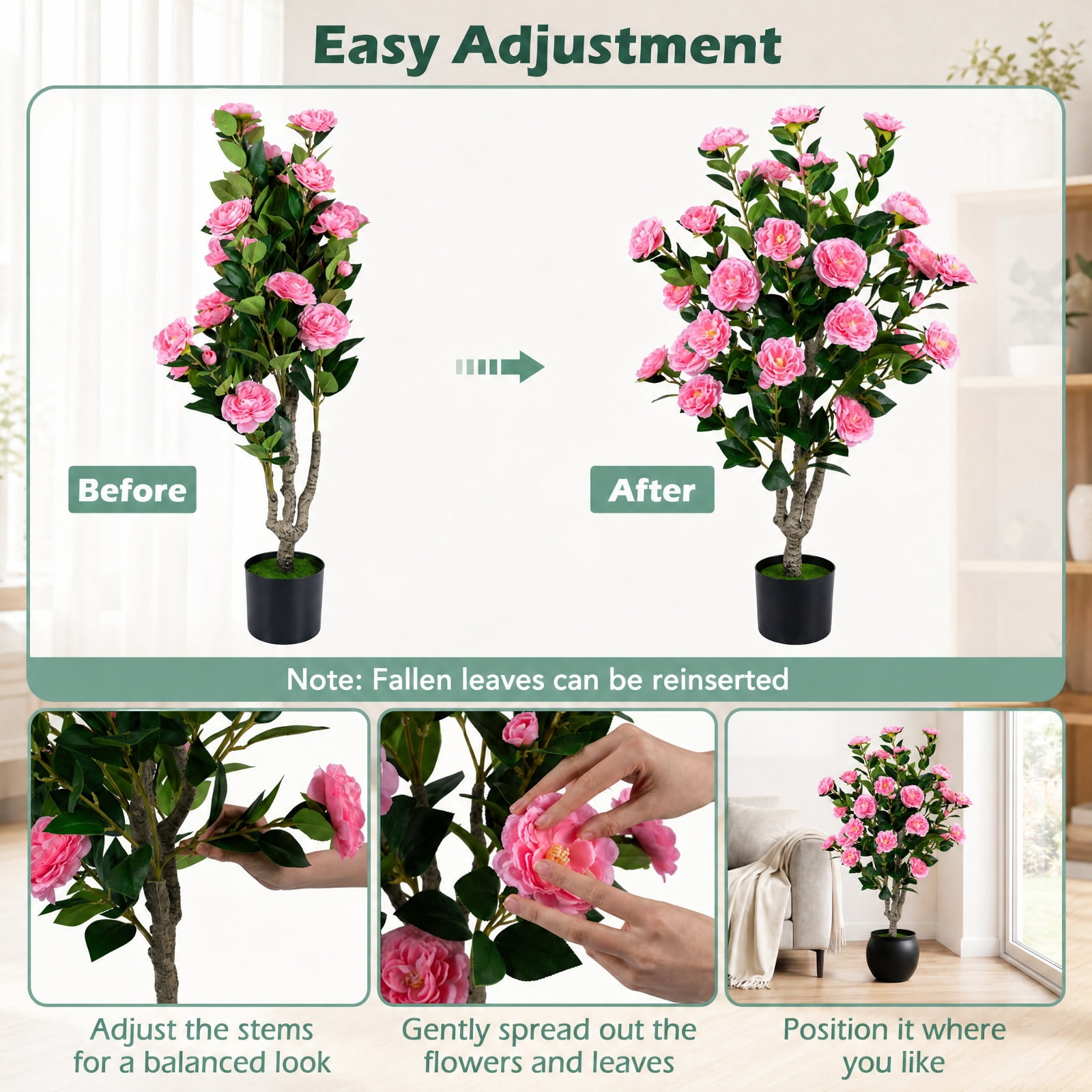 Vebreda Artificial Plant Decor, 39.5" Artificial Camellia Tree with Orange Blossoms in Cement Pot for Home Decoration, Selected Materials