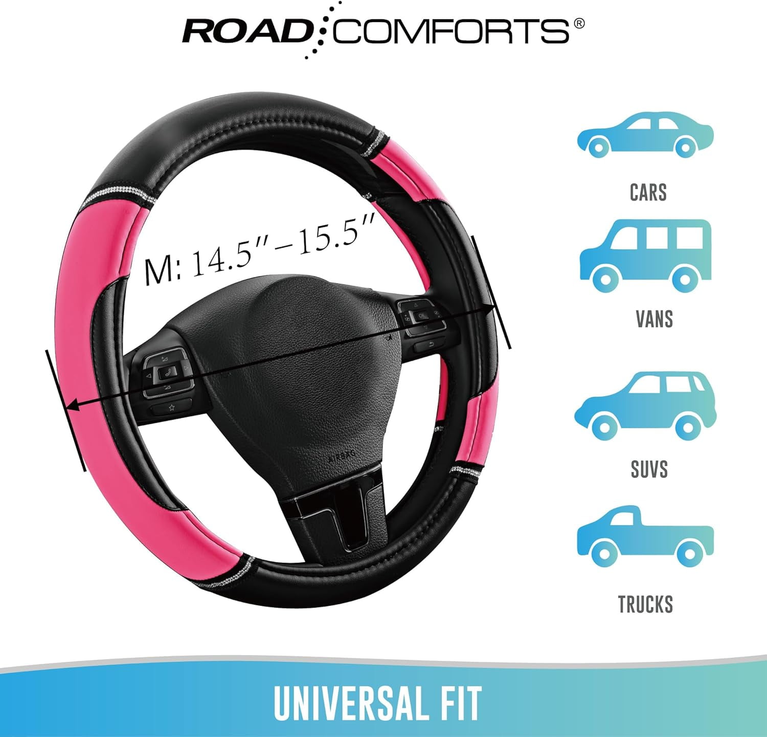 Leather Steering Wheel Cover - Made with PVC Leather - Anti-Slip, Universal Fit 14 1/2 inches to 15 inches - Hot Pink