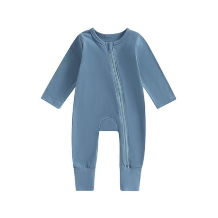 

Qtinghua Newborn Baby Romper Pajamas Solid Color Long Sleeve Crew Neck 2 Way Zipper Footless Jumpsuit Sleeper Clothes