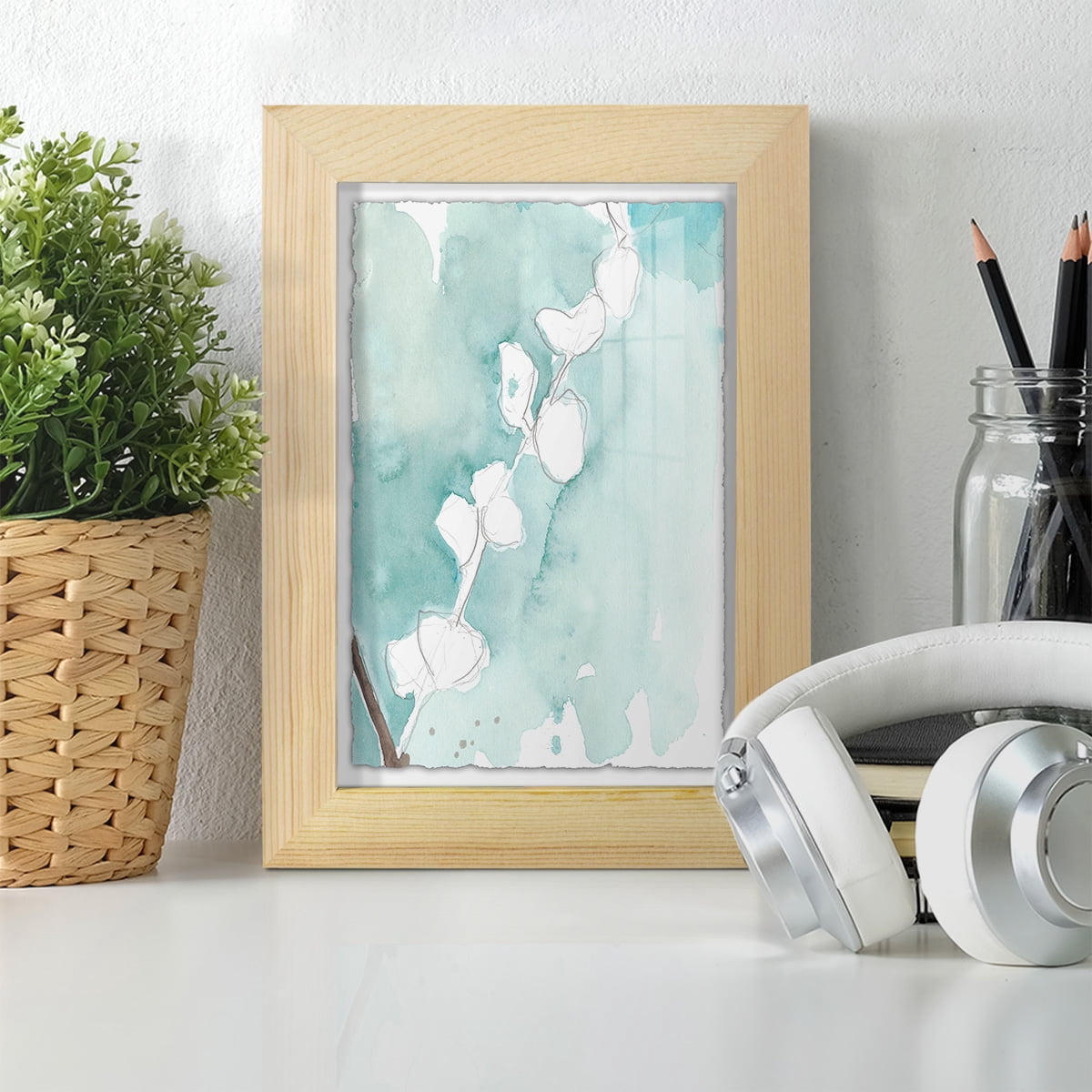 Ginkgo on Dusty Teal V - Framed Print w/glass - Natural Wood