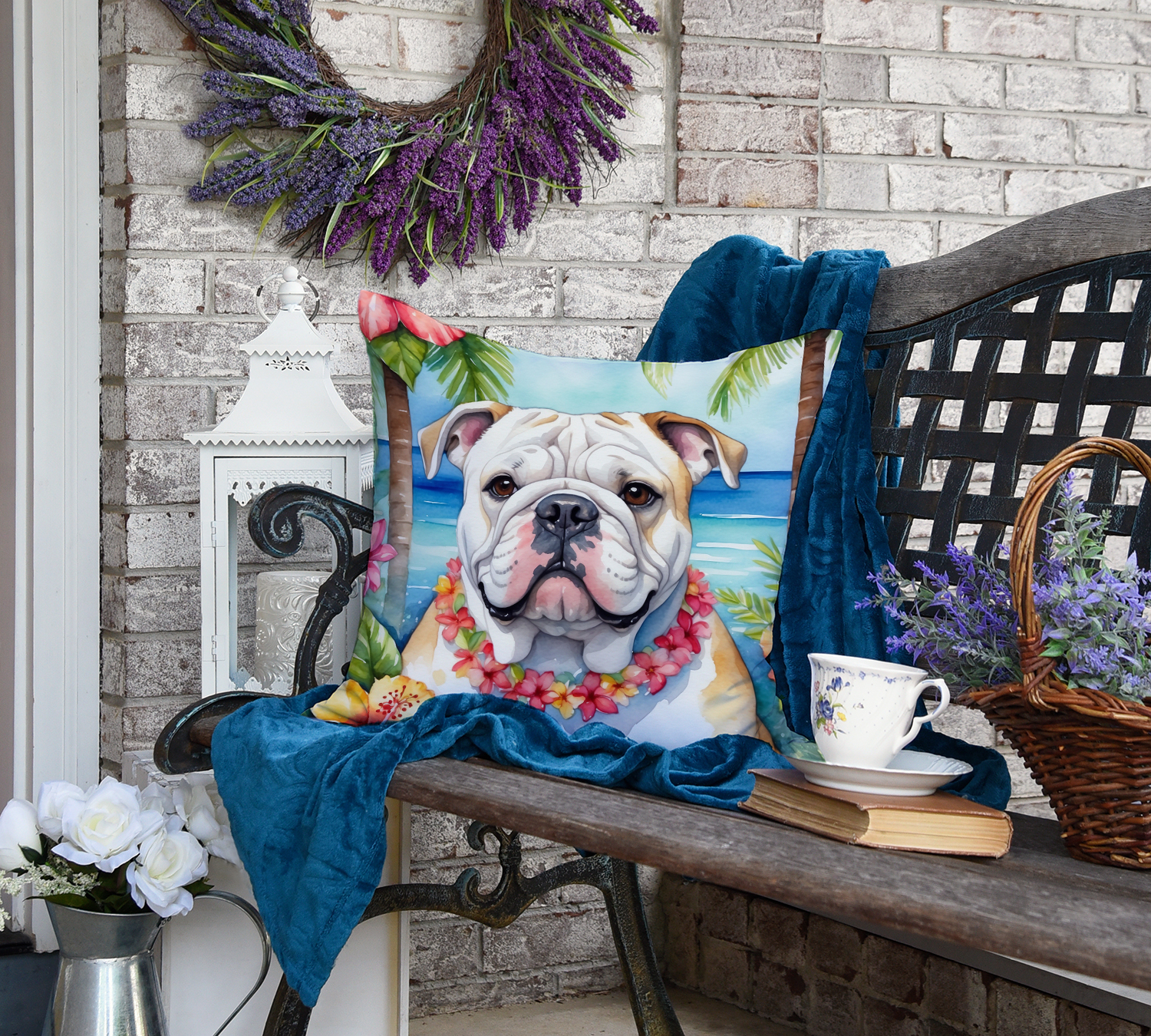 English Bulldog Luau Throw Pillow 18 in x 18 in
