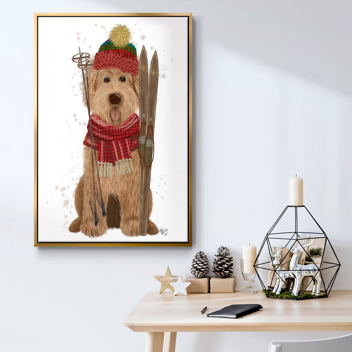 Goldendoodle Ski Dog - Framed Gallery Wrapped Holiday Canvas - 17 x 25 - Gold Frame